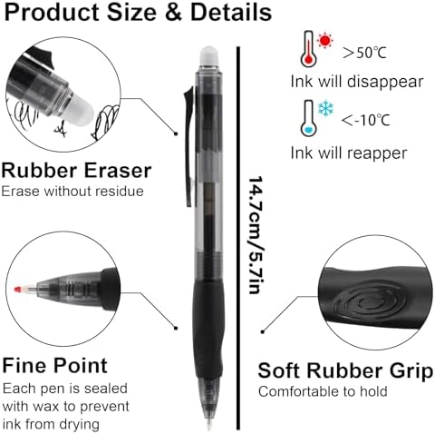 USUAL Retractable 6 Black 6 Blue Erasable Gel Pens Clicker, Fine Point(0.5mm),Make Mistakes Disappear, Premium Comfortable Grip, Smooth Writing Pen Office Back-to-School Supplies