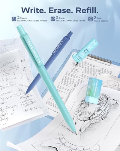 Four Candies Aesthetic School Supplies Kit with Cute Blue Pencil Case | Back to School Stationery Set with Pens, Highlighters, Mechanical Pencils, Sticky Notes for Students, College, Journaling