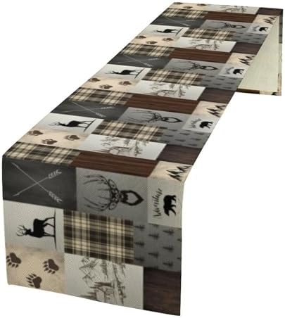 Rustic Cabin Moose Deer Bear Table Runner, Retro Vintage Bear Cottage Country Style Cabin Farmhouse Dinner Runner for Home Kitchen Dining Table Decoration 13"x90"