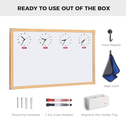 TOWON U.S. Time Zone Whiteboard 36x24 in, Natural Solid Wood Frame