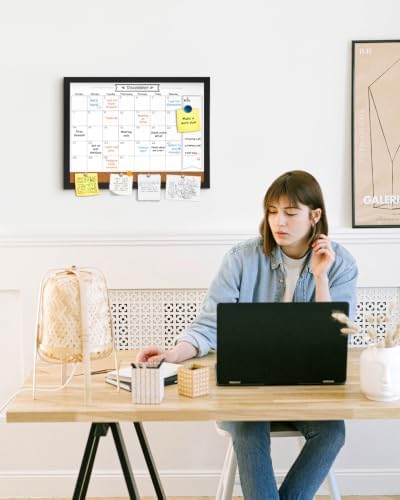 Dry Erase Calendar Whiteboard for Wall, Magnetic 13" x 17" Combination Dry Erase Board & Bulletin Board, 2in1 White Board Cork Board Combo(Black)
