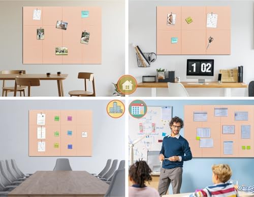 Felt Wall Tiles Bulletin Board Large Cork Board Alternative 12 Pack 11.81”x11.81”x0.47” Felt Pin Board Tack Board with Safe Removable Adhesive Tabs for Home Office School 48x36(Light Pink)
