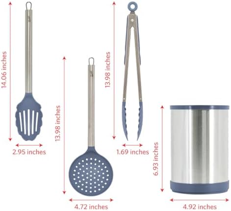 Glad Kitchen Utensils Set, 8pcs - Nonstick Cooking Tools with Stainless Steel Handles & Rotating Utensil Holder - Turners, Ladle, Spoon, Tongs, Spaghetti Server, and Skimmer - Dishwasher Safe, Blue
