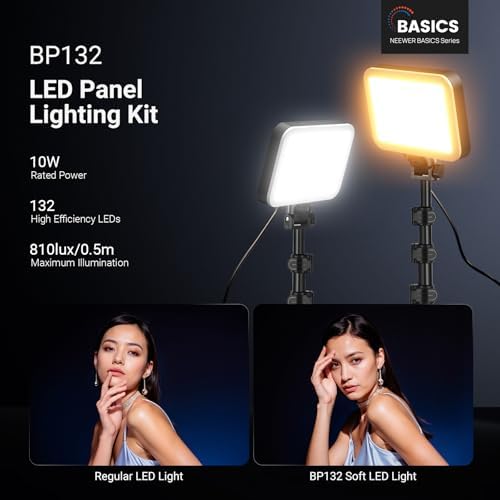 NEEWER Basics 2 Pack LED Video Light Panel Lighting Kit, 6.2" Dimmable Portable Studio Light with 53" Tripod Stand, 3200K-5600K/CRI95+ 810lux for Photography Video Recording Streaming Podcast, BP132