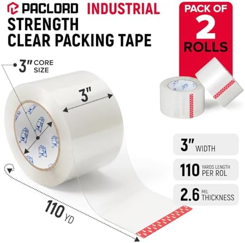 3" x 110 Yards Clear Packing Tape, Pack of 2 - Heavy-Duty 2.6 Mil Thick Carton Sealing Tape with Industrial Strength Adhesion for Packaging, Moving, or Shipping Boxes