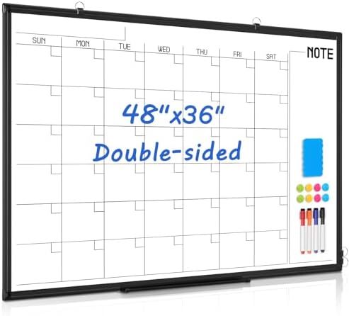 Large Calendar Whiteboard 48x36 Double-Sided Dry Erase for Wall, Black