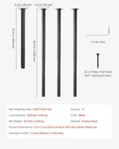 VEVOR Adjustable Table Legs, 24-40 in Round Steel Furniture Legs, 1200 lbs Max Load Heavy Duty, Quick Installation, Ideal for Home Office Desk DIY, Coffee Dinner Bar Tables, Workbenches, 4 PCS, Black