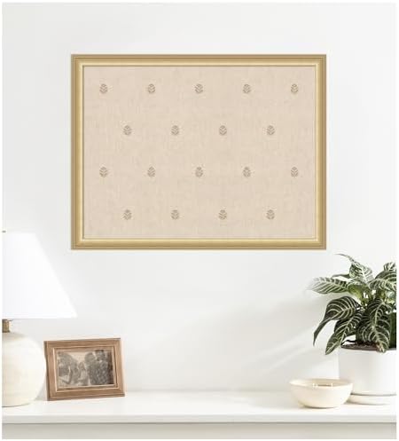 Kate and Laurel Framed Fabric Pinboard 26 x 20, Beige Botanical Block Print Printed Linen Classic Bulletin Board for Use as a Vision Board or Wall Organization, Florence Gold Frame