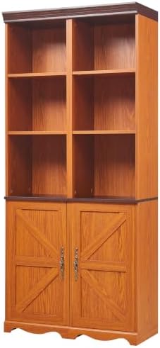 KEIKI Farmhouse Freestanding Bookcase, Modular Storage Cabinet, Dark Oak