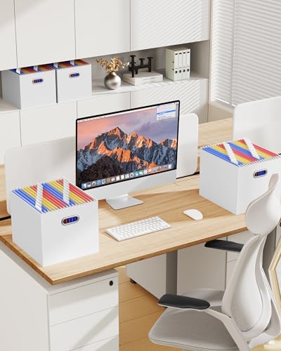 Oterri Portable Collapsible Cardboard File Box with Handle for Letter-Size | 2-Pack. Stainless Steel Handle. Label Stickers Included. Fits Letter Folders (Not Included). Home, Office, School, Dorm, Tax.