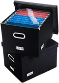 PRANDOM File Organizer Box - Set of 2 Collapsible Decorative Linen Filing Storage Hanging File Folders with Lids Office Cabinet Letter/Legal Size Black (17x14x11.2 inch)