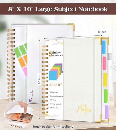 Spiral Notebook Journal with Removable Dividers Tabs, 300 Pages Hardcover Leather 5 Subject College Ruled Notebook, 8"x10" Large B5 Lined Journal for Women Men, Spiral Notebooks for Work School, Beige