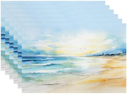 Batmerry Beach Scene Linen Placemats Set of 6, Serene Ocean View Washable Table Mats for Kitchen Table Thickened Heat Insulation Dining Set Indoor Outdoor 12X18 in