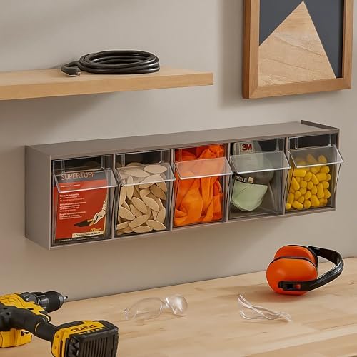 Akro-Mils TiltView Plastic Storage Cabinet with 5 Tilt Out Bins, Horizontal Plastic Parts Organizer, Teacher Toolbox, and Office Supply Organizer, 23-5/8" W x 6-1/2" H x 5-5/8" D, Mocha Raspberry