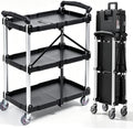 VEVOR Foldable Utility Service Cart, 165LBS 3 Shelf Heavy Duty Plastic Rolling Cart with 360° Swivel Wheels (2 with Brakes), Ergonomic Handle, Portable Garage Tool Cart for Warehouse Office Home