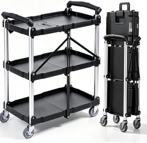VEVOR Foldable Utility Service Cart, 165LBS 3 Shelf Heavy Duty Plastic Rolling Cart with 360° Swivel Wheels (2 with Brakes), Ergonomic Handle, Portable Garage Tool Cart for Warehouse Office Home