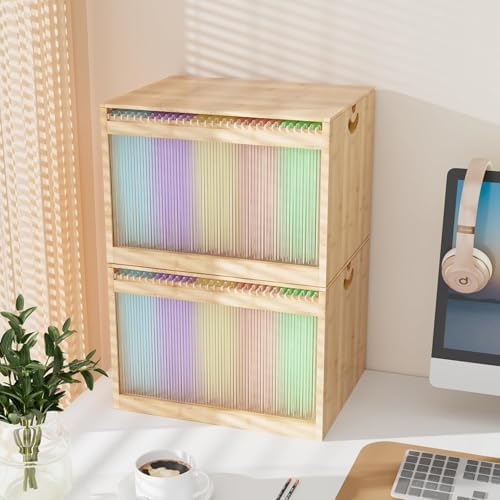 Bamboo Hanging File Organizer, Desktop File Box with Lids, 2 Pack, Natural | Removable Lid, Clear Acrylic Side Panels, 4 Hanging Folders Included, Helps Reduce Dust, Letter & Legal Size, Easy Assembly