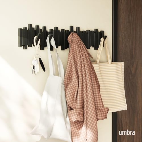 Umbra Sticks Wall Coat Rack, Wall Mount 8 Retractable Hooks, Black