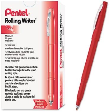 Pentel R100B Rolling Writer Stick Roller Ball Pen, .8mm, Red Barrel/Ink, Dozen
