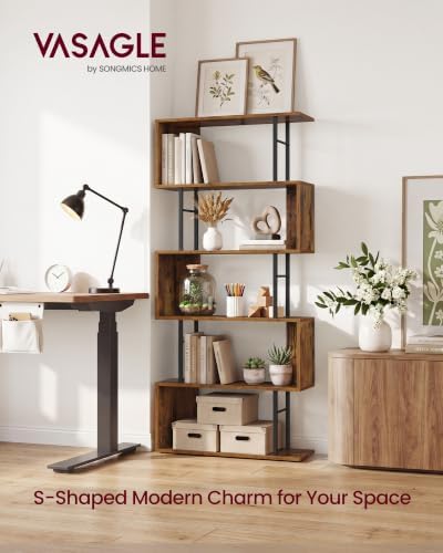 VASAGLE 6-Tier Book Shelf, S-Shaped Tall Display Shelf for Living Room | Bookcase Book Shelf, Tall Narrow Display Shelf Storage, Rustic Brown and Matte Black, BARNET Collection ULLS182KD01