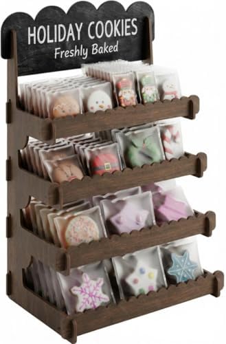 HOTCAN Wooden Cookie Display Stand with Chalkboard Sign for Bakers, Vendors, Craft Fairs | Pastry Display for Market Booths & Events | 4 Tiered Cookie Display for Muffins, Cakes, and Pastries (Brown)
