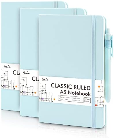 feela 3 Pack Notebooks Journals Bulk, Hardcover Notebook Classic Ruled Lined Journals with Pen Holder for Women Girls School Business Supplies, with 3 Black Pens, 120 GSM, 5.1”x8.3”, A5, Sky Blue