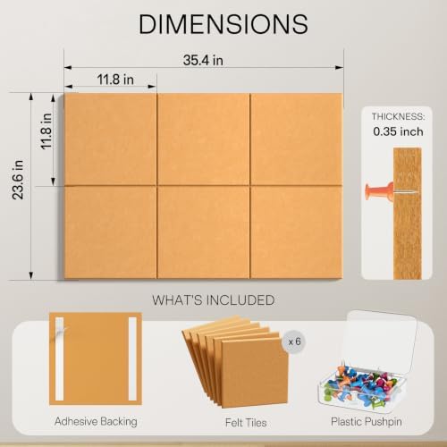 MaxGear Felt Bulletin Board 36" x 24", Mustard Yellow 6 Pack Felt Wall Tile