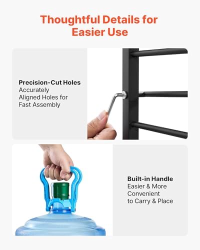 VEVOR 5 Gallon Water Jug Holder for 3 Bottles, 4-Tier 3 or 5 Gallon Water Bottle Holder with Top Shelf, Handle, Heavy Duty Jug Rack Organizer, Detachable for Kitchen, Home, Office, Black+Brown