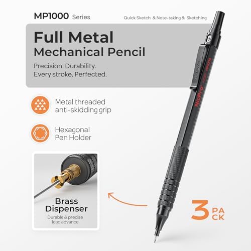 Nicpro 0.5 mm Mechanical Pencils Set with Case, Full Metal Pencil, 3 Pack