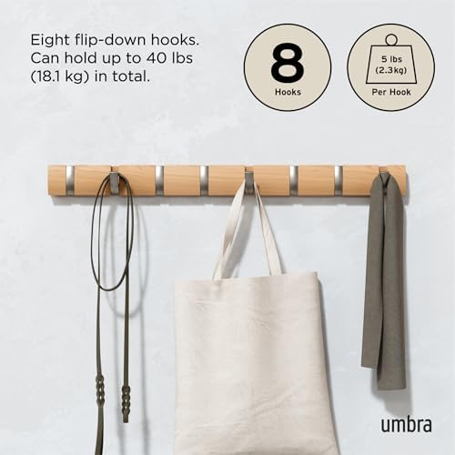 Umbra Flip Coat Rack, Wall Mount 8-Hook, Space Saving, Natural/Nickel
