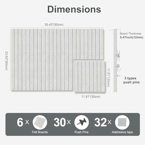 0.47" Thick Felt Pin Board 36"x24" Large Cork Board Alternative 6 Pack 11.81"x11.81"Felt Bulletin Board Wall Tiles Notice Board with 30 Pushpins for Home Office School(Fine-Light Camel)