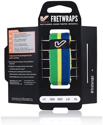 Gruv Gear Fret Wrap & Guitar Mute, Fretwrap for Acoustic, Electric & Bass | String Dampener Recording, Tapping & Practice Accessory (1 Pack, Large Green/Yellow/Blue, Fits 6 String Bass, 8 String