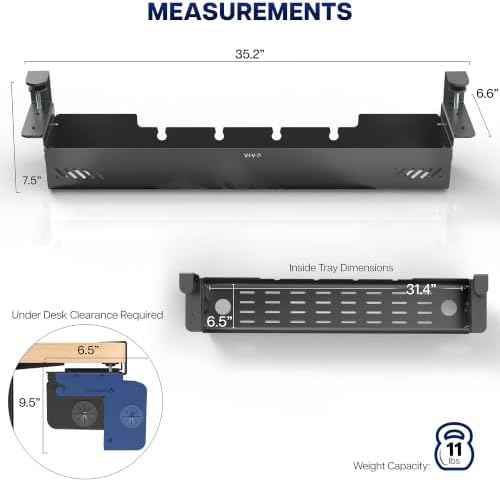 VIVO No Drill 35 inch Under-Desk Clamp-On Cable Management Box with Flip-Open Lid, Easy-to-Open Steel Cord and Power Strip Organizer, Cable Organizer Tray, 11 lbs Capacity, Black, DESK-ACMB35-C