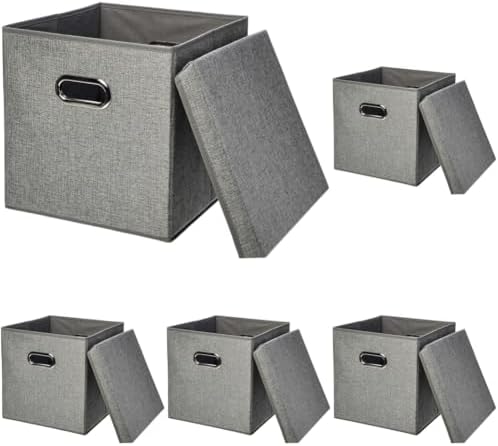 Amazon Basics Foldable Burlap Cloth Cube Storage Bins with Lid, Collapsible Organizing Containers, Stackable and Sturdy, Gray, (Pack of 10)