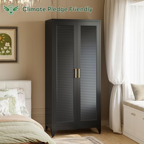 71" Louvered Black Metal Storage Cabinet with Doors and Shelves, Steel Armoire Wardrobe Closet with Sturdy Hanging Rod for Home Office Bedroom, 18" Deep