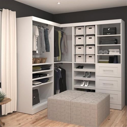 Atlin Designs 82" 4-Piece Corner Storage Unit, White Finish, Multi-Storage Cubby, 3-Drawer Set, Adjustable Shelves, Clothing Rods, Shaker Trim, Closet Organizer for Home Office or Bedroom Use