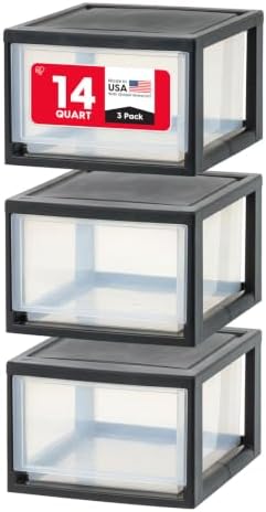 IRIS USA Plastic Storage Drawer Organizer, 14.5 Qt Stackable, 3 Pack, Black
