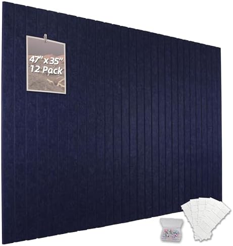 Cork Board Alternative-Felt Slat Wall Paneling,Office Bulletin Board for Decoration, Suitable for Displaying Photos and Documents, with Removable Adhesive Labels,12-Pack (Dark Blue)