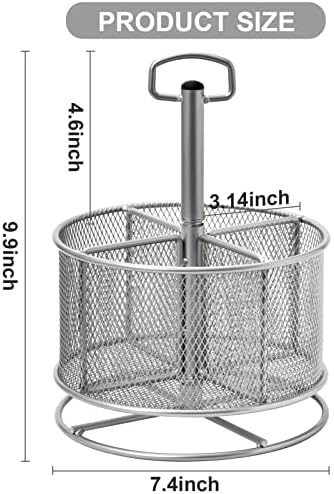 Marbrasse Mesh Desk Organizer, 360-Degree Rotating Multi-Functional Pen Holder, 4 Compartments Desktop Stationary Organizer, Home Office Art Supply Storage Box Caddy (silver)