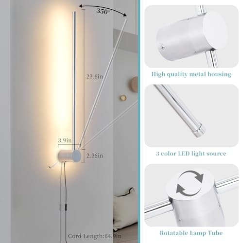 KELUOLY Modern LED Plug in Wall Sconces Set of Two,Chrome Dimmable 23.6" Wall Lighting,Bathroom Vanity Light Fixtures,Metal Wall Lamps with Memory Function for bathrooms,bedrooms,Living Rooms,Hallway