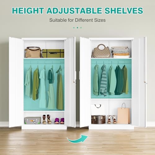 Metal Wardrobe Cabinet with Hanging Rod & Lock,White Armoire Wardrobe Closet,Metal Clothing Storage Cabinet with Adjustable Shelves and Doors,72" Armoire Storage Cabinets for Home,Living/Laundry Room