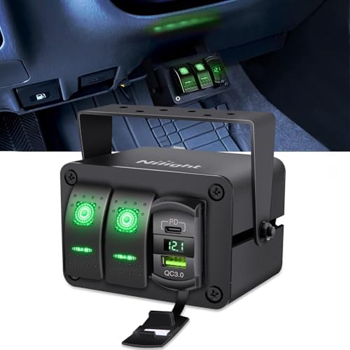 Nilight 2 Gang Rocker Switch Box w/Voltmeter PD Type C and USB Socket
