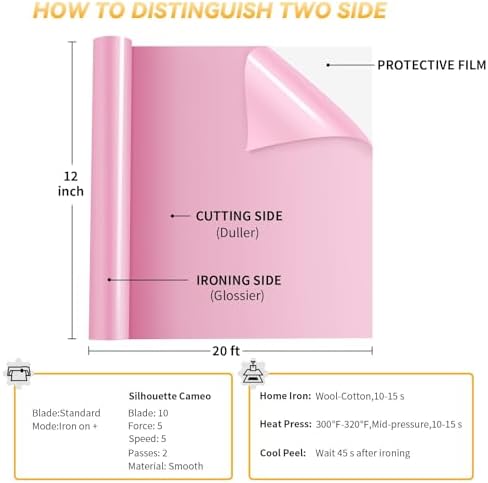 VinylRus Heat Transfer Vinyl, Pink, 12" x 20ft