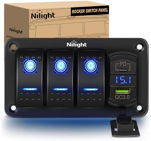 Nilight 3 Gang Rocker Switch Box 12V SPST ON Off PD Type C and QC 3.0 USB Charger Voltmeter Waterproof Aluminum Panel DIY Stickers for Boats Cars RVs Trucks