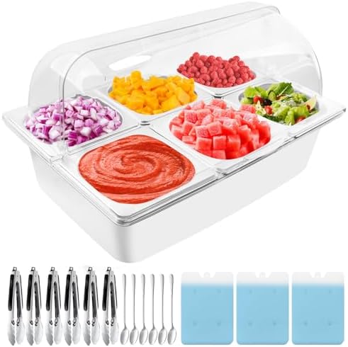 Countertop Food Serving Display Container with Clear Roll Top Cover, Catering Supplies Buffet Display, Perfect Salad Bar Buffet Station for Home and Catering Supplies, Cold Food Buffet Server(6 Pan)