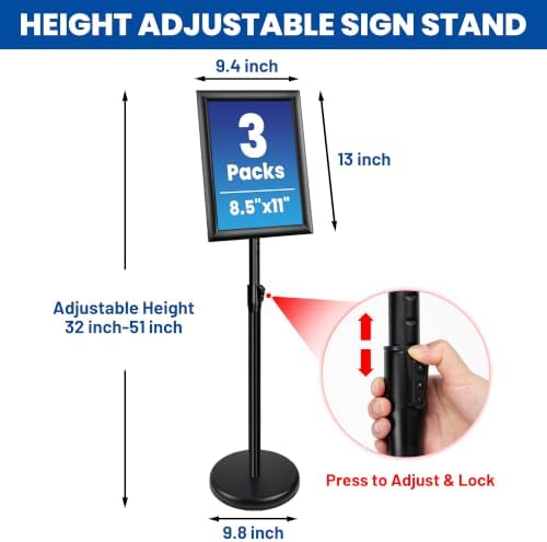 3 Pack 8.5x11 Inch Sign Holder Stand, Adjustable Pedestal Sign Stand, Heavy Duty Floor Standing Sign Holder, Aluminum Snap Open Frame Poster Stand, Vertical & Horizontal Display (Black)
