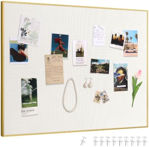 SELEAD Linen Bulletin Board 24” x 18” - Golden Aluminum Frame, Beige Fabric