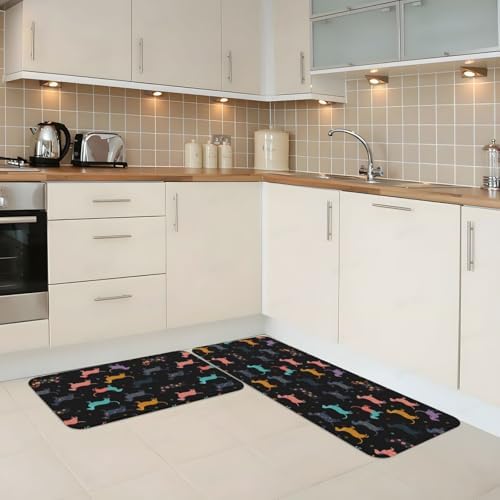 Dachshund Puppy Dog Kitchen Floor Mat 2 Sets, Non Slip Rugs Absorbent Mats for Floor Countertop Office Home, Black Cartoon Indoor Outdoor Decor Doormat 17" x 29.5" + 17" x 47"
