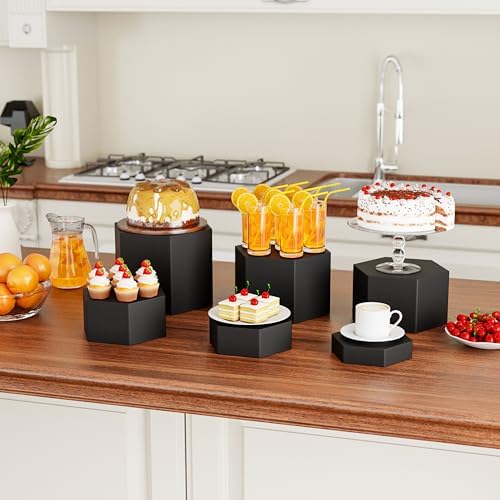 Metal Buffet Risers,6PCS Hexagonal Jewelry Display Risers 2.76 in to 4.02 in Market Display Stands Metal Showcase for Catering Dessert Figures Decoration (Matte Black, 2.76IN to 4.02IN)