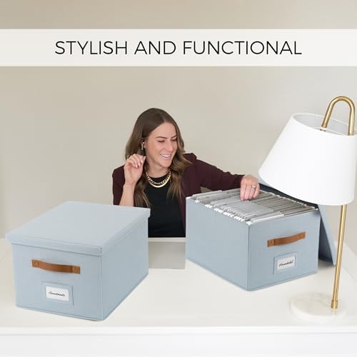 Decorative File Organizer Box Set of 2 - Collapsible Linen Filing Cabinets | Stores Documents and Hanging File Folders - Portable Office Crates with Lid and Handles for Easy Slide Access